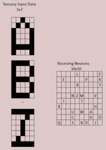 Display of 10x10 receiving layer with the letters displayed on the neuron fired by the letter pattern